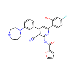 N#Cc1c(-c2cccc(N3CCCNCC3)c2)cc(-c2ccc(F)cc2O)nc1NC(=O)c1ccco1 ZINC000053243974