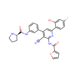 N#Cc1c(-c2cccc(NC(=O)[C@H]3CCCN3)c2)cc(-c2ccc(F)cc2O)nc1NC(=O)c1ccco1 ZINC000053294007