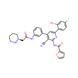 N#Cc1c(-c2cccc(NC(=O)C[C@@H]3CCCCN3)c2)cc(-c2ccc(F)cc2O)nc1NC(=O)c1ccco1 ZINC000053243797