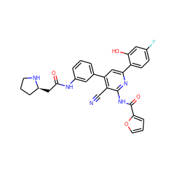 N#Cc1c(-c2cccc(NC(=O)C[C@H]3CCCN3)c2)cc(-c2ccc(F)cc2O)nc1NC(=O)c1ccco1 ZINC000053294655