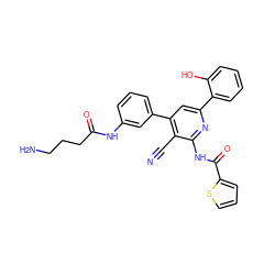 N#Cc1c(-c2cccc(NC(=O)CCCN)c2)cc(-c2ccccc2O)nc1NC(=O)c1cccs1 ZINC000049808319