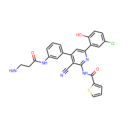 N#Cc1c(-c2cccc(NC(=O)CCN)c2)cc(-c2cc(Cl)ccc2O)nc1NC(=O)c1cccs1 ZINC000049803438