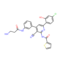 N#Cc1c(-c2cccc(NC(=O)CCN)c2)cc(-c2ccc(Cl)cc2O)nc1NC(=O)c1cccs1 ZINC000049802509