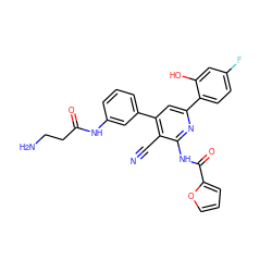 N#Cc1c(-c2cccc(NC(=O)CCN)c2)cc(-c2ccc(F)cc2O)nc1NC(=O)c1ccco1 ZINC000049802803