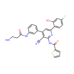 N#Cc1c(-c2cccc(NC(=O)CCN)c2)cc(-c2ccc(F)cc2O)nc1NC(=O)c1cccs1 ZINC000049803767