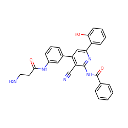 N#Cc1c(-c2cccc(NC(=O)CCN)c2)cc(-c2ccccc2O)nc1NC(=O)c1ccccc1 ZINC000049807565