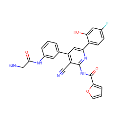 N#Cc1c(-c2cccc(NC(=O)CN)c2)cc(-c2ccc(F)cc2O)nc1NC(=O)c1ccco1 ZINC000053314241