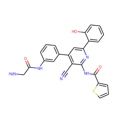 N#Cc1c(-c2cccc(NC(=O)CN)c2)cc(-c2ccccc2O)nc1NC(=O)c1cccs1 ZINC000049808657