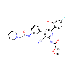 N#Cc1c(-c2cccc(NC(=O)CN3CCCCC3)c2)cc(-c2ccc(F)cc2O)nc1NC(=O)c1ccco1 ZINC000053296554