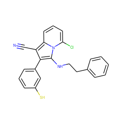 N#Cc1c(-c2cccc(S)c2)c(NCCc2ccccc2)n2c(Cl)cccc12 ZINC000036185211