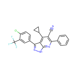 N#Cc1c(-c2ccccc2)nc2[nH]nc(-c3ccc(Cl)c(C(F)(F)F)c3)c2c1C1CC1 ZINC000725236963