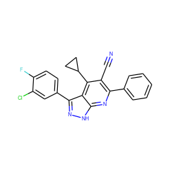 N#Cc1c(-c2ccccc2)nc2[nH]nc(-c3ccc(F)c(Cl)c3)c2c1C1CC1 ZINC001772588936