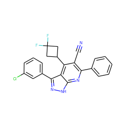 N#Cc1c(-c2ccccc2)nc2[nH]nc(-c3cccc(Cl)c3)c2c1C1CC(F)(F)C1 ZINC001772650183