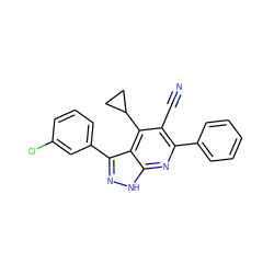 N#Cc1c(-c2ccccc2)nc2[nH]nc(-c3cccc(Cl)c3)c2c1C1CC1 ZINC001772639369