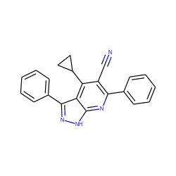 N#Cc1c(-c2ccccc2)nc2[nH]nc(-c3ccccc3)c2c1C1CC1 ZINC001772599071