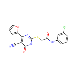 N#Cc1c(-c2ccco2)nc(SCC(=O)Nc2cccc(Cl)c2)[nH]c1=O ZINC000008578781