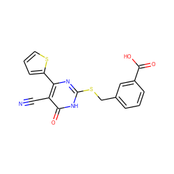 N#Cc1c(-c2cccs2)nc(SCc2cccc(C(=O)O)c2)[nH]c1=O ZINC001772624221