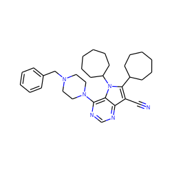 N#Cc1c(C2CCCCCC2)n(C2CCCCCC2)c2c(N3CCN(Cc4ccccc4)CC3)ncnc12 ZINC000653912897