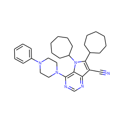 N#Cc1c(C2CCCCCC2)n(C2CCCCCC2)c2c(N3CCN(c4ccccc4)CC3)ncnc12 ZINC000653857026