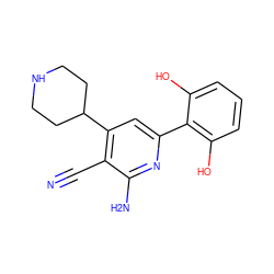 N#Cc1c(C2CCNCC2)cc(-c2c(O)cccc2O)nc1N ZINC000028350314