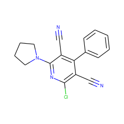 N#Cc1c(Cl)nc(N2CCCC2)c(C#N)c1-c1ccccc1 ZINC000058568316