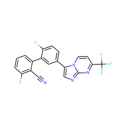 N#Cc1c(F)cccc1-c1cc(-c2cnc3nc(C(F)(F)F)ccn23)ccc1F ZINC000013678269