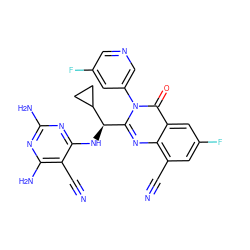 N#Cc1c(N)nc(N)nc1N[C@H](c1nc2c(C#N)cc(F)cc2c(=O)n1-c1cncc(F)c1)C1CC1 ZINC000220861415