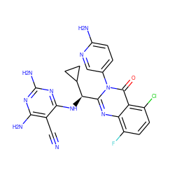 N#Cc1c(N)nc(N)nc1N[C@H](c1nc2c(F)ccc(Cl)c2c(=O)n1-c1ccc(N)nc1)C1CC1 ZINC000220880459