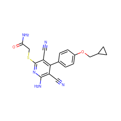 N#Cc1c(N)nc(SCC(N)=O)c(C#N)c1-c1ccc(OCC2CC2)cc1 ZINC000034641324