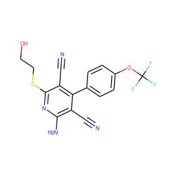 N#Cc1c(N)nc(SCCO)c(C#N)c1-c1ccc(OC(F)(F)F)cc1 ZINC000013612600