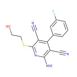 N#Cc1c(N)nc(SCCO)c(C#N)c1-c1cccc(F)c1 ZINC000013612573