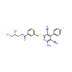 N#Cc1c(N)nc(SCc2cccc(C(=O)NC[C@@H](O)CO)c2)c(C#N)c1-c1ccc(F)cc1 ZINC000142076878