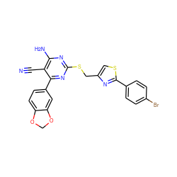 N#Cc1c(N)nc(SCc2csc(-c3ccc(Br)cc3)n2)nc1-c1ccc2c(c1)OCO2 ZINC000169312312