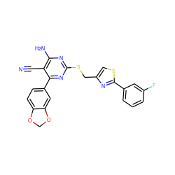 N#Cc1c(N)nc(SCc2csc(-c3cccc(F)c3)n2)nc1-c1ccc2c(c1)OCO2 ZINC000169312308