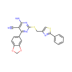 N#Cc1c(N)nc(SCc2csc(-c3ccccc3)n2)nc1-c1ccc2c(c1)OCO2 ZINC000169312322