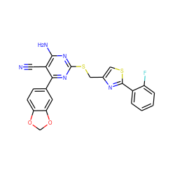 N#Cc1c(N)nc(SCc2csc(-c3ccccc3F)n2)nc1-c1ccc2c(c1)OCO2 ZINC000169312318