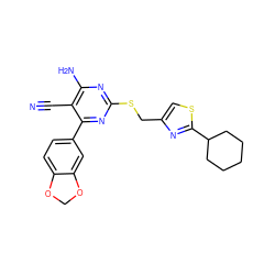 N#Cc1c(N)nc(SCc2csc(C3CCCCC3)n2)nc1-c1ccc2c(c1)OCO2 ZINC000169312323