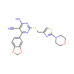 N#Cc1c(N)nc(SCc2csc(N3CCOCC3)n2)nc1-c1ccc2c(c1)OCO2 ZINC000169312324