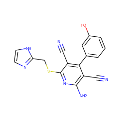 N#Cc1c(N)nc(SCc2ncc[nH]2)c(C#N)c1-c1cccc(O)c1 ZINC000013580867