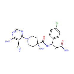 N#Cc1c(N)ncnc1N1CCC(N)(C(=O)N[C@@H](CC(N)=O)c2ccc(Cl)cc2)CC1 ZINC000219317918