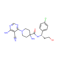 N#Cc1c(N)ncnc1N1CCC(N)(C(=O)N[C@@H](CCO)c2ccc(Cl)cc2)CC1 ZINC000219310875