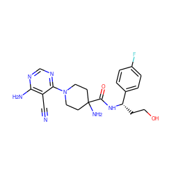 N#Cc1c(N)ncnc1N1CCC(N)(C(=O)N[C@@H](CCO)c2ccc(F)cc2)CC1 ZINC000219317618