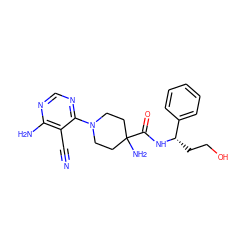 N#Cc1c(N)ncnc1N1CCC(N)(C(=O)N[C@@H](CCO)c2ccccc2)CC1 ZINC000219319600