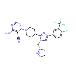 N#Cc1c(N)ncnc1N1CCC(c2nc(-c3ccc(F)c(C(F)(F)F)c3)cn2C[C@@H]2CCCN2)CC1 ZINC000218721204