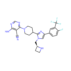 N#Cc1c(N)ncnc1N1CCC(c2nc(-c3ccc(F)c(C(F)(F)F)c3)cn2C[C@@H]2CCN2)CC1 ZINC000218707314