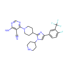 N#Cc1c(N)ncnc1N1CCC(c2nc(-c3ccc(F)c(C(F)(F)F)c3)cn2C2CCNCC2)CC1 ZINC000219731927