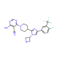 N#Cc1c(N)ncnc1N1CCC(c2nc(-c3ccc(F)c(C(F)(F)F)c3)cn2C2CNC2)CC1 ZINC000218724188