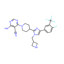 N#Cc1c(N)ncnc1N1CCC(c2nc(-c3ccc(F)c(C(F)(F)F)c3)cn2CC2CNC2)CC1 ZINC000218720566