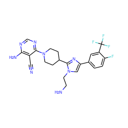 N#Cc1c(N)ncnc1N1CCC(c2nc(-c3ccc(F)c(C(F)(F)F)c3)cn2CCN)CC1 ZINC000218691784