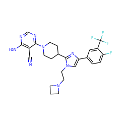 N#Cc1c(N)ncnc1N1CCC(c2nc(-c3ccc(F)c(C(F)(F)F)c3)cn2CCN2CCC2)CC1 ZINC000218786204